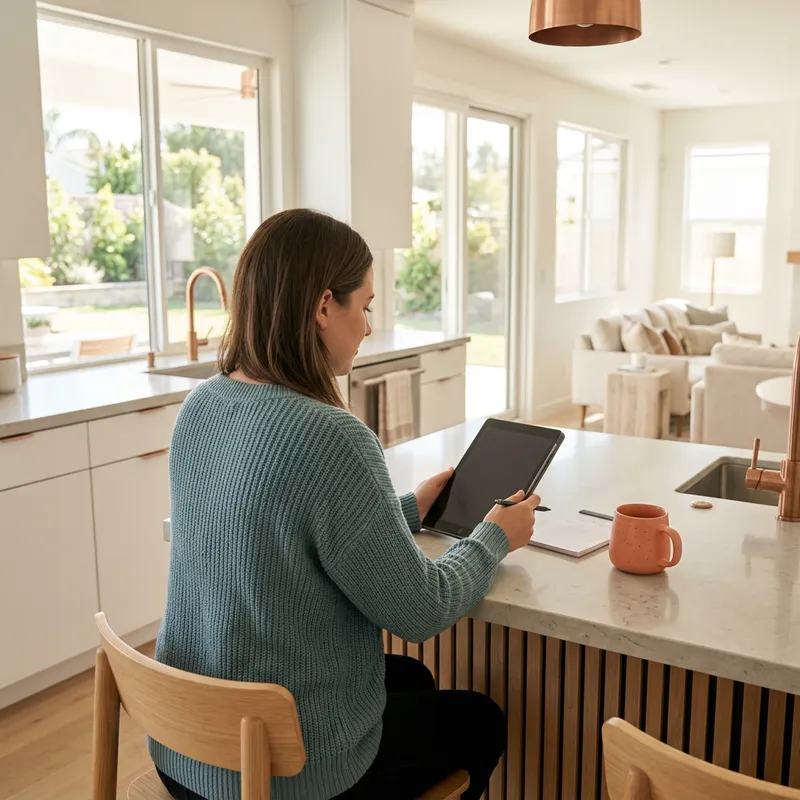 Woman reviewing AI investment data in new construction home