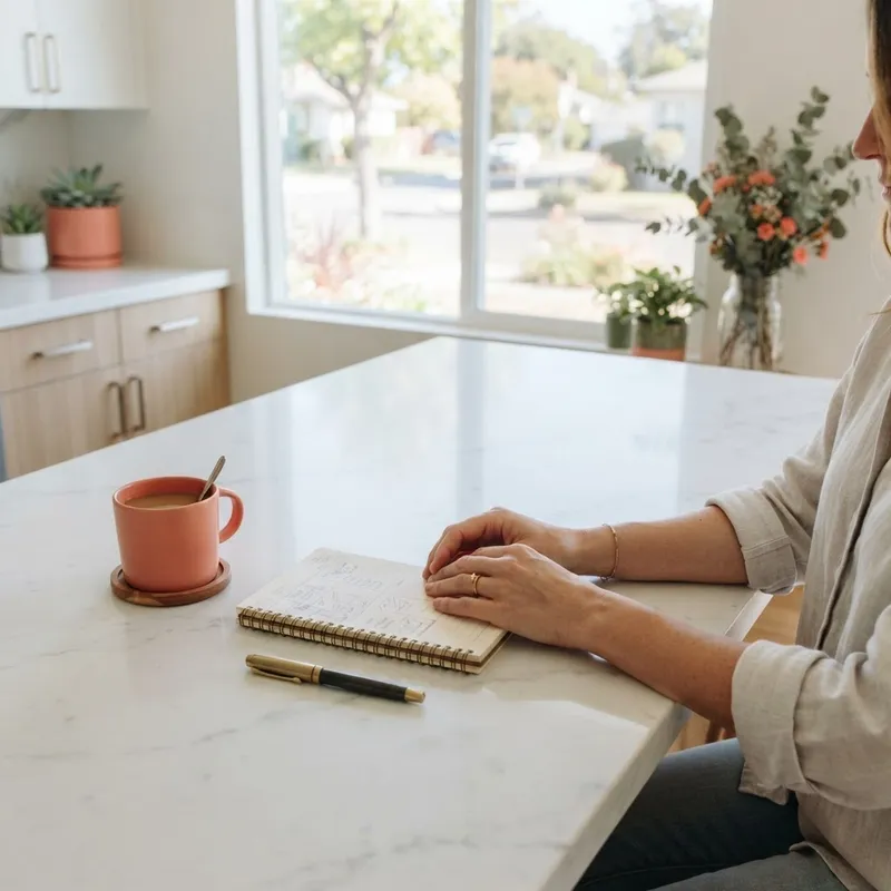 A close up of a person planning on a kitchen island