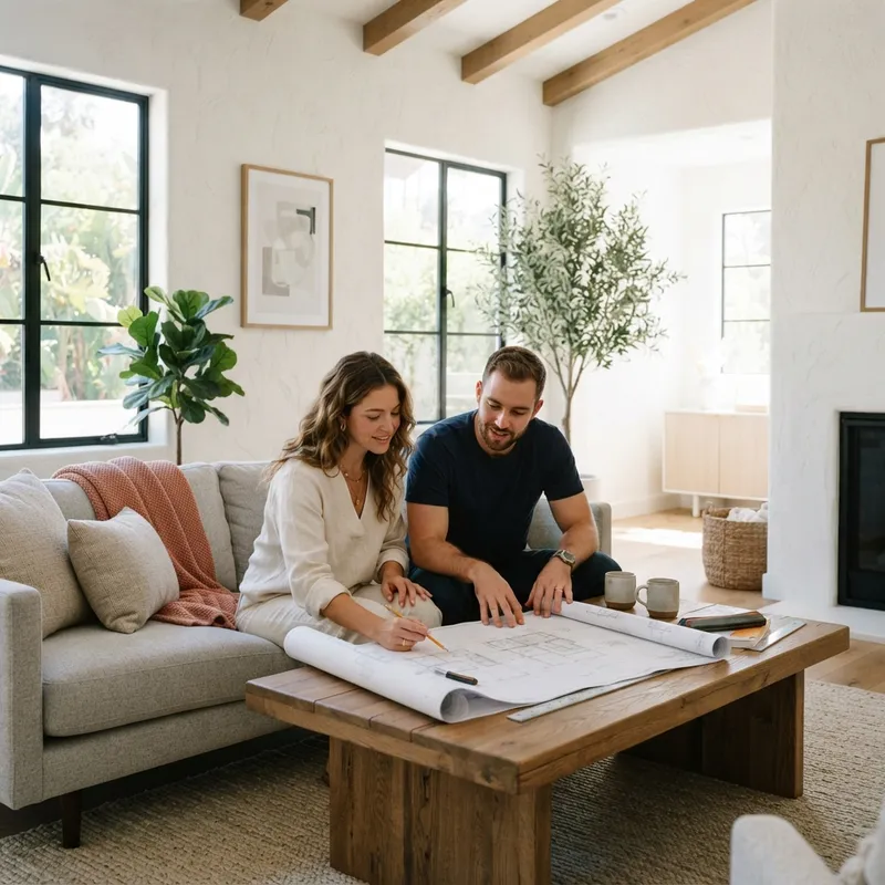 A couple reviewing home documents in a modern living space