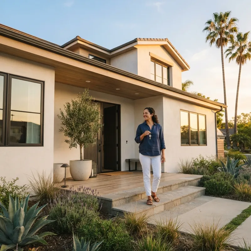A new homeowner holding keys in front of a modern house