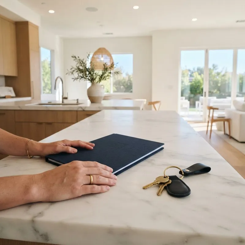 Close up of hands on a kitchen island with keys