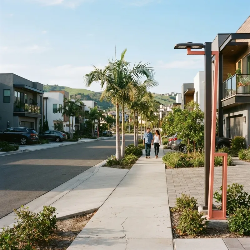 Couple walking down a modern suburban street