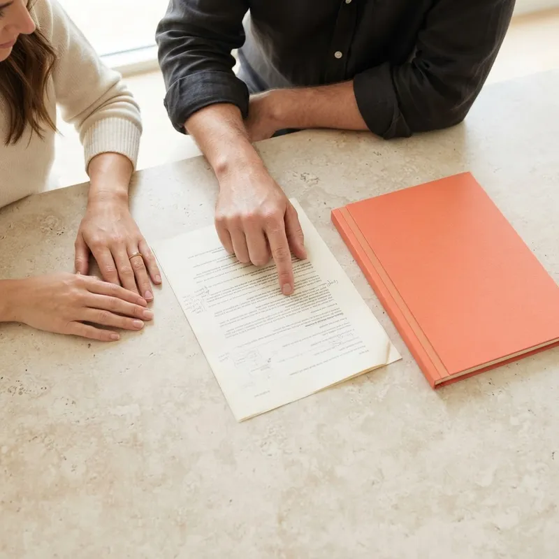 Hands reviewing documents on a clean stone counter