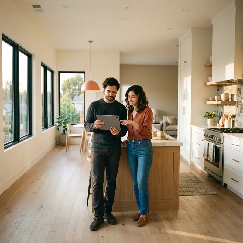 Couple reviewing home documents in new construction kitchen