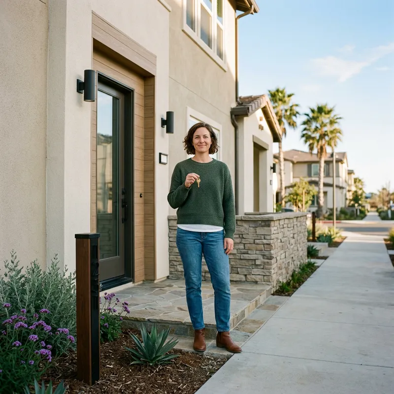 New homeowner holding key at modern construction home entry