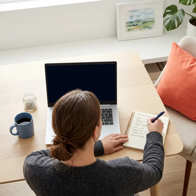 Woman researching new construction homes on laptop