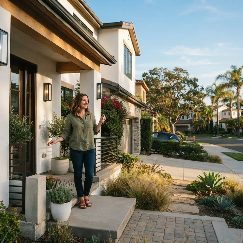 A new homeowner standing on a porch holding a house key