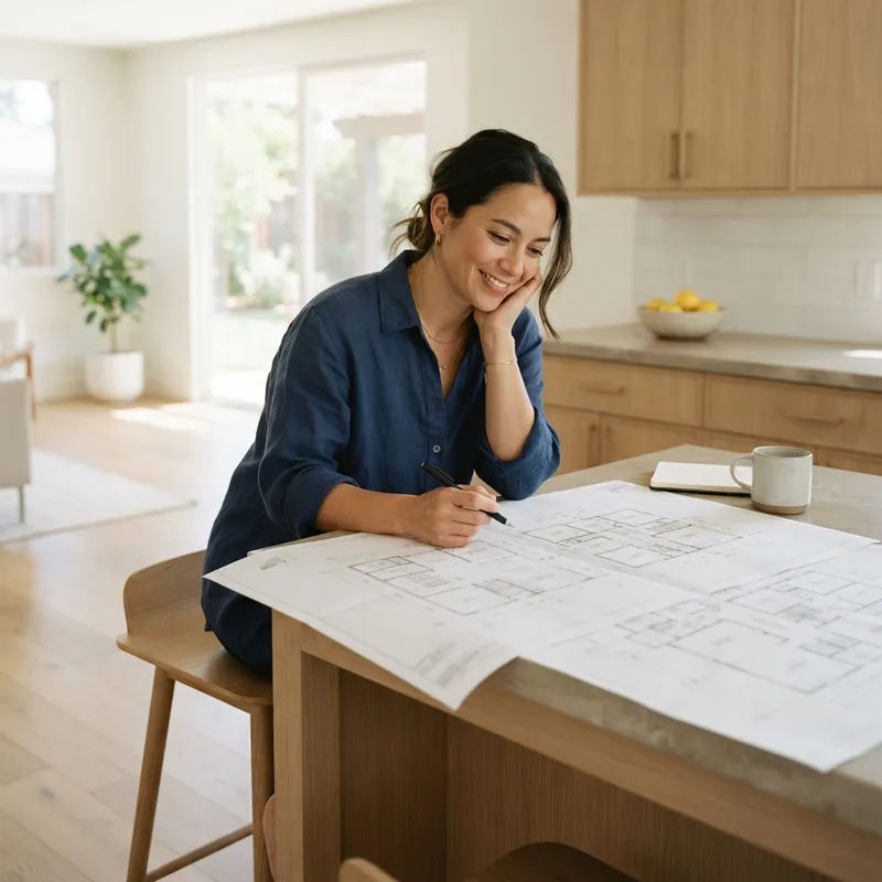 A person reviewing house floor plans at a kitchen island