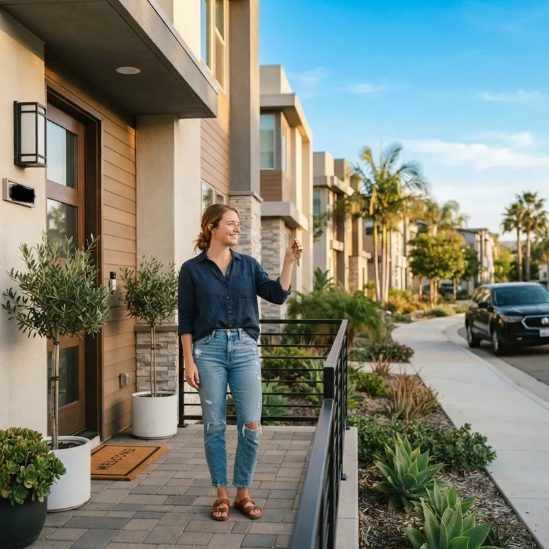 A new homeowner holding a key on their porch