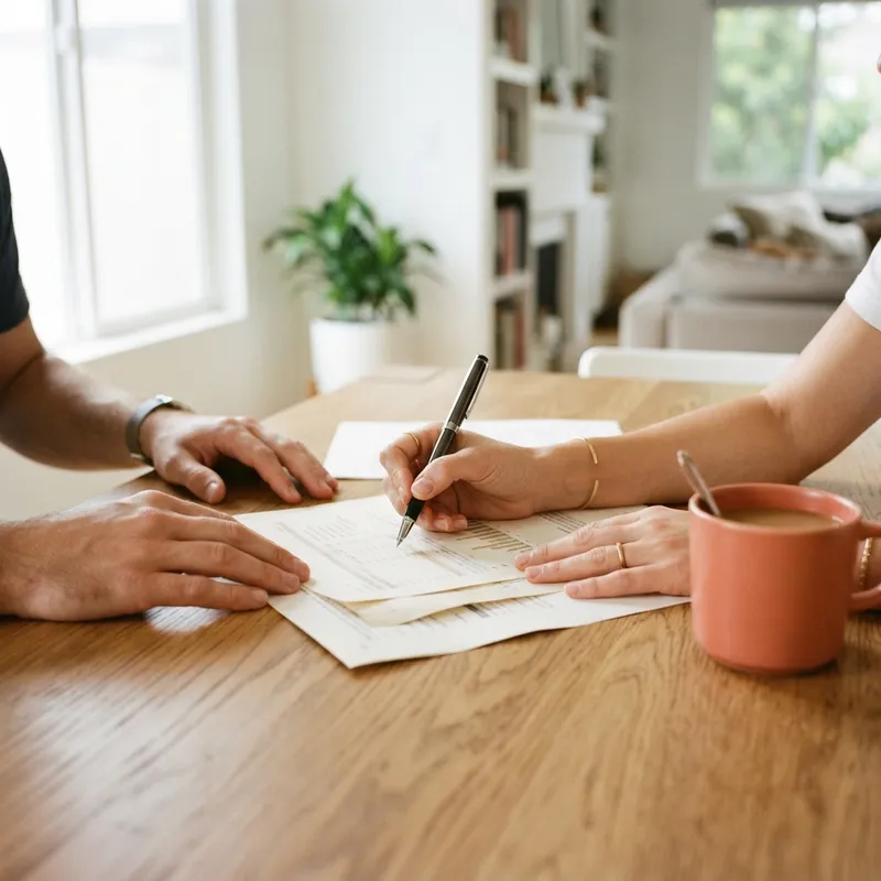 Hands reviewing mortgage documents at a table