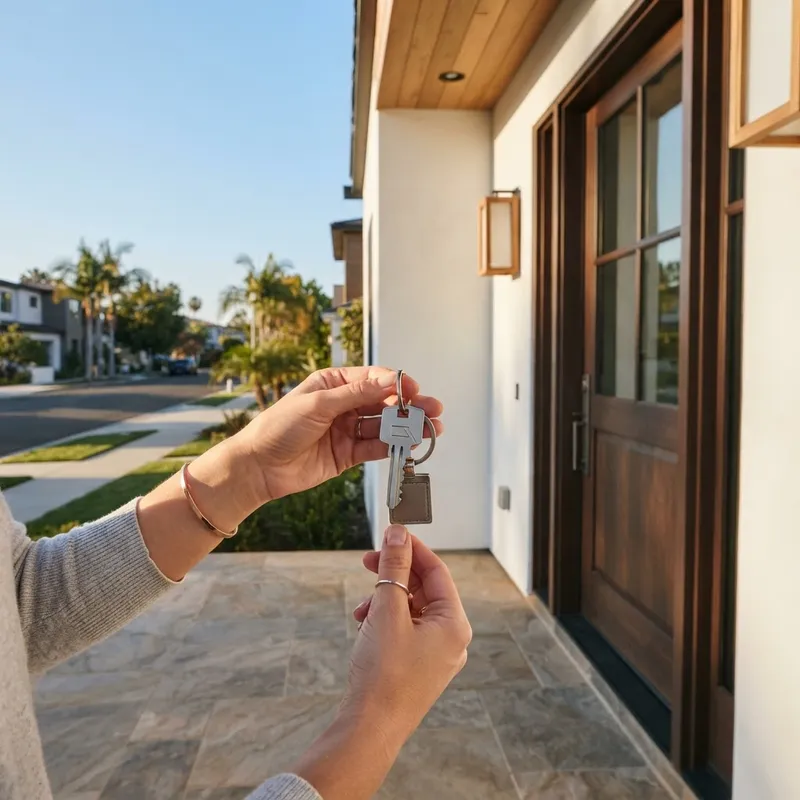 New home keys held in front of a modern house