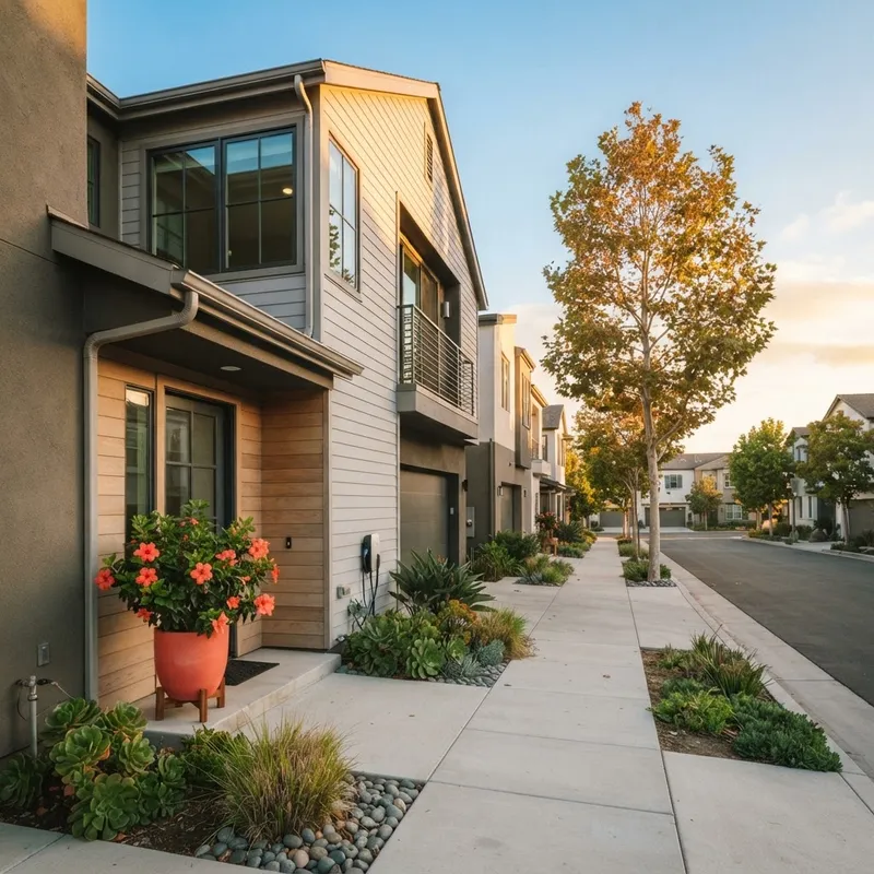 Modern townhouse exterior in a quiet suburban neighborhood