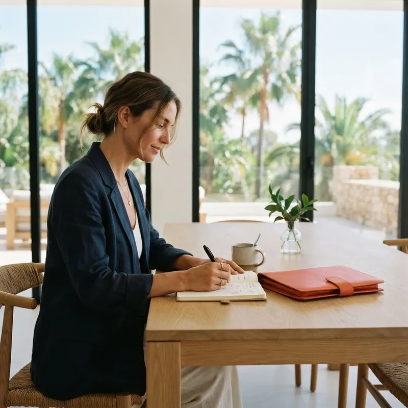 Person working at a bright table in a new home