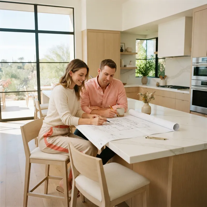 Couple reviewing floor plans in a bright modern kitchen
