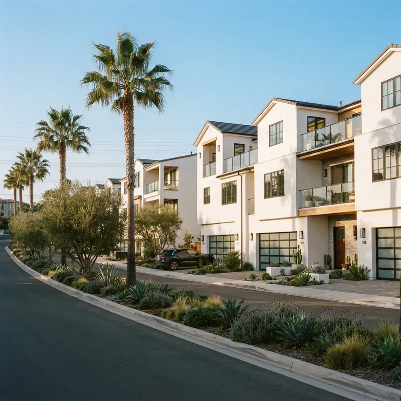 Modern suburban new construction homes under a blue sky