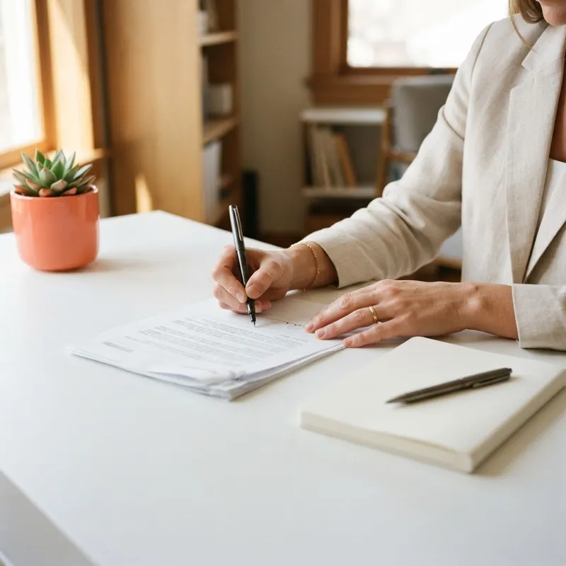 Close up of hands signing a contract in a sunlit room