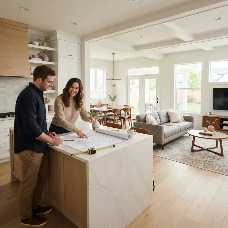 Couple reviewing floor plans in a bright modern home
