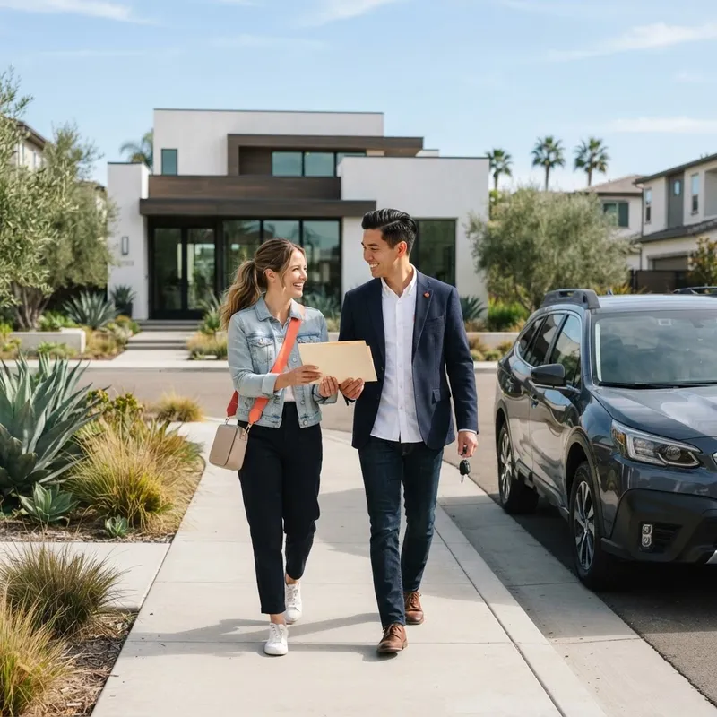 Couple walking confidently away from a sales office with a document folder