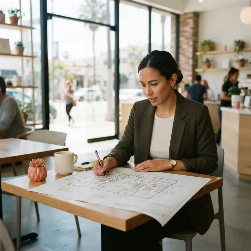 A person reviewing a home floor plan in a bright cafe