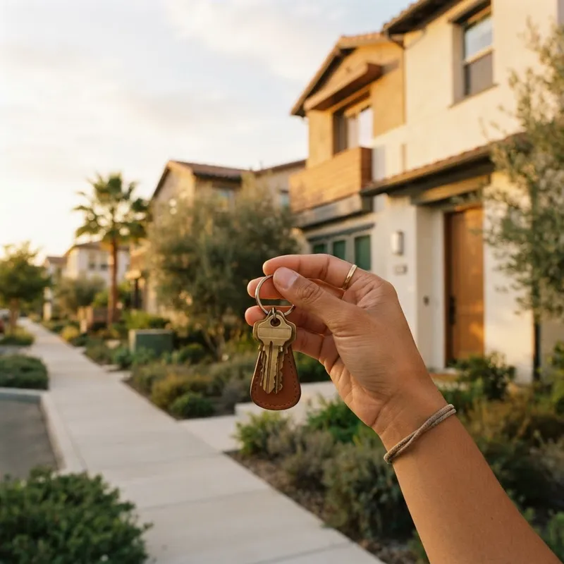 Close up of hands holding house keys in a suburban neighborhood