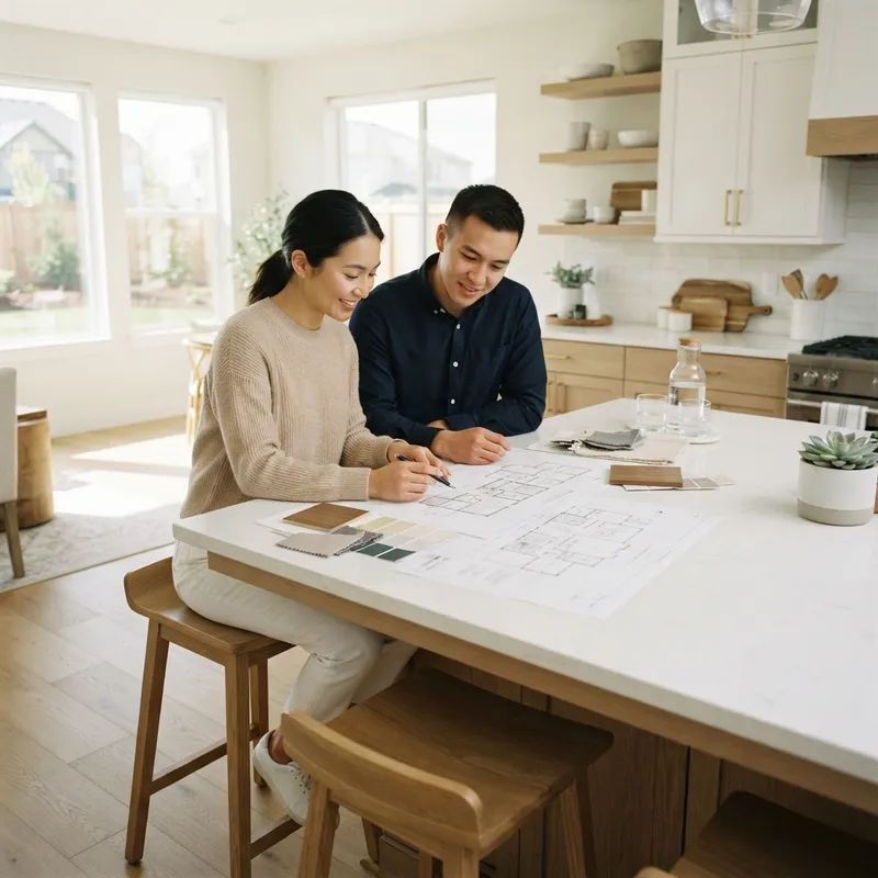 A couple reviewing new home floor plans at a kitchen island