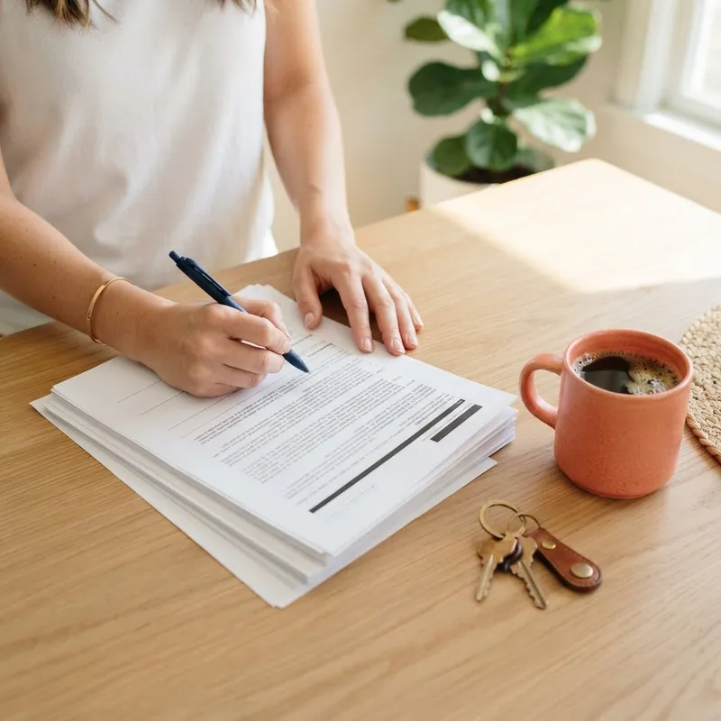 Close up of documents and house keys on a wooden table