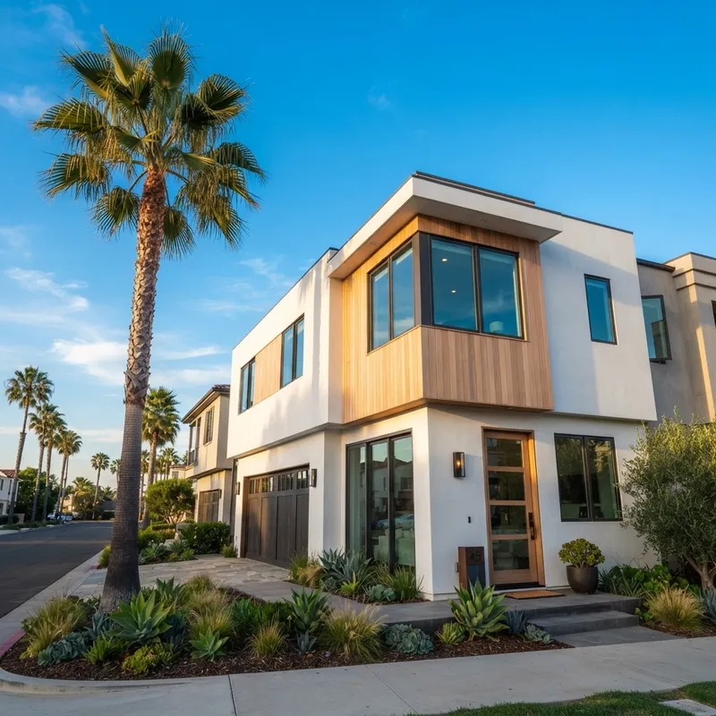 Modern Southern California townhome exterior at golden hour