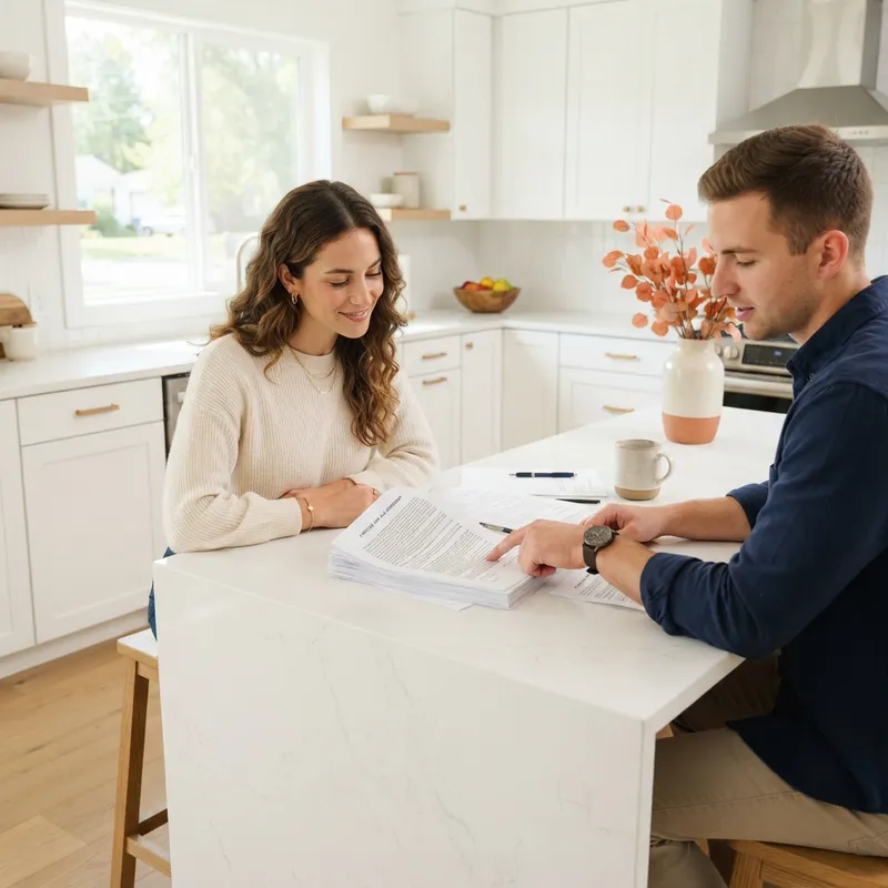 A couple reviewing a real estate purchase agreement at home