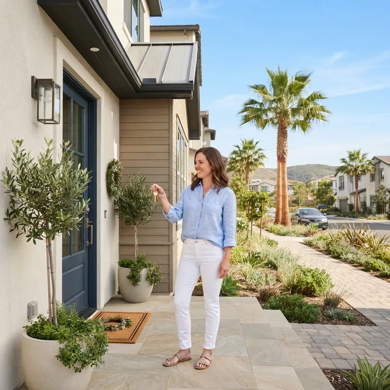 A happy homeowner standing at the entrance of a new home
