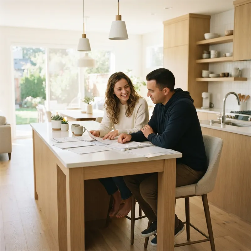 A couple reviewing home documents at a kitchen island