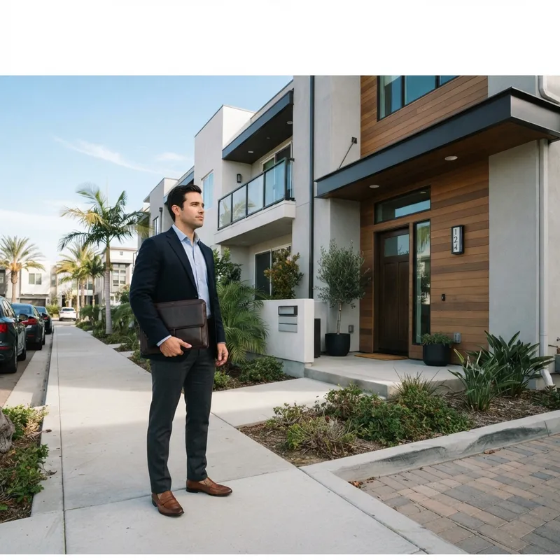 Buyer standing in front of a new suburban home