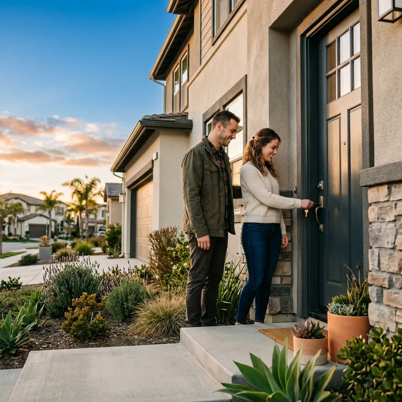 Couple holding key at new construction home entrance