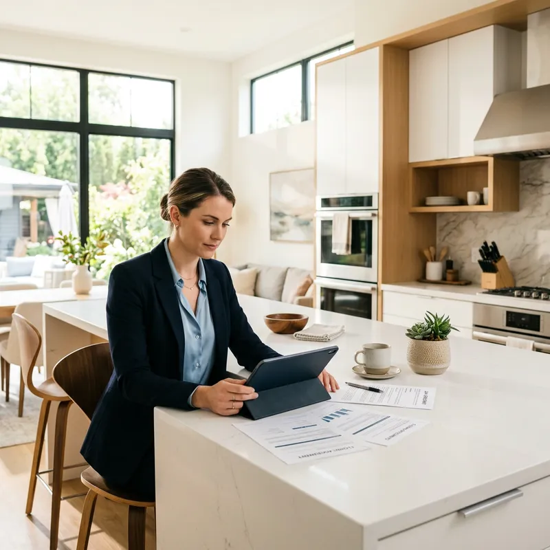 Woman reviewing mortgage documents at kitchen island