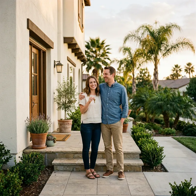 Couple holding key at new construction home entry