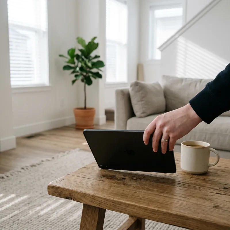 Hand placing tablet in modern new home living space