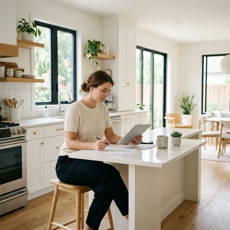 Woman reviewing documents confidently at new home kitchen
