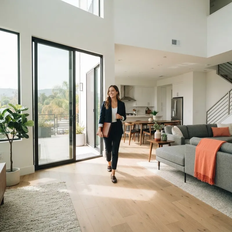 Homebuyer walking through a sunlit modern open concept home