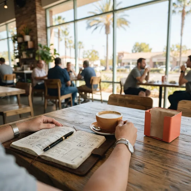 Person working and researching in a bright suburban coffee shop