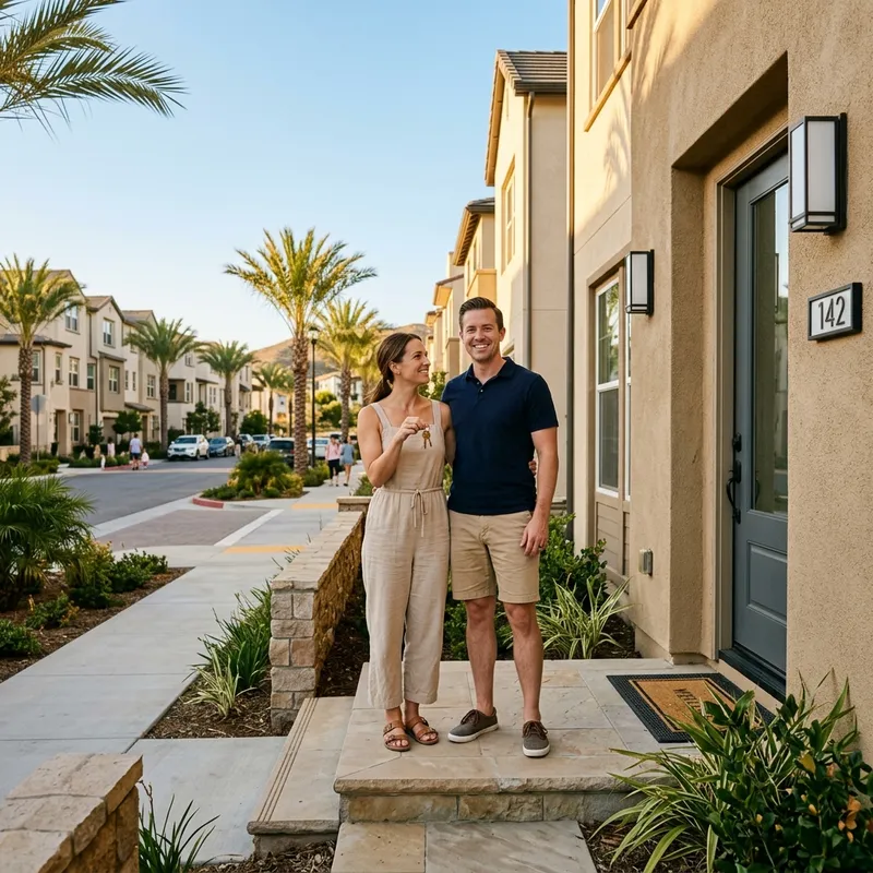 Couple holding keys on porch of newly built Southern California home
