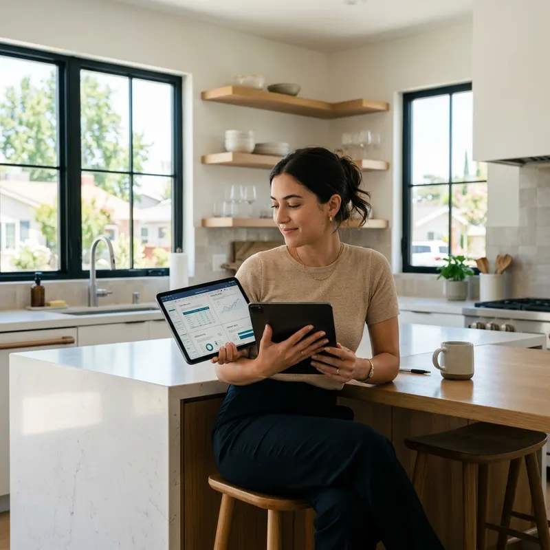Woman reviewing negotiation documents on tablet in new home