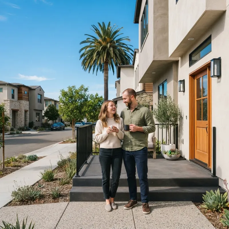 Couple standing calmly on the porch of a new home