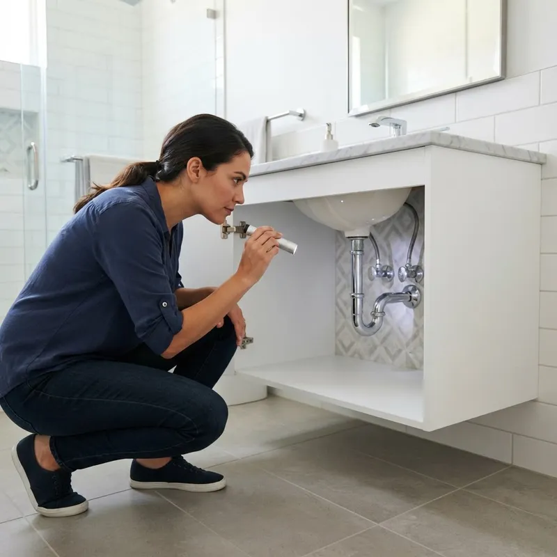 Homeowner inspecting physical components of a new bathroom