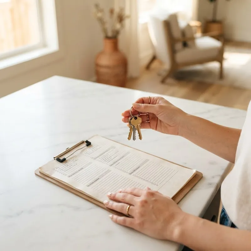 Homeowner reviewing physical documents and keys in a new kitchen