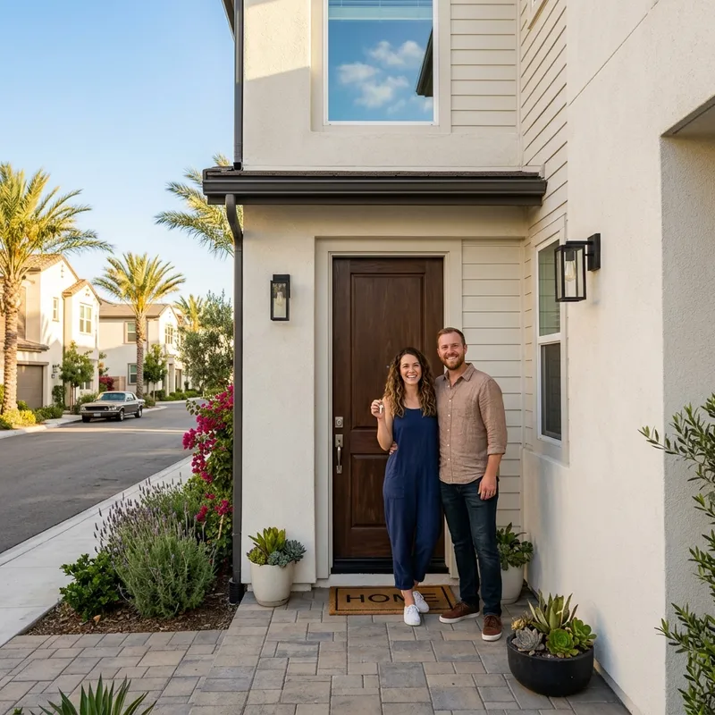 Couple holding key at entrance of new built home