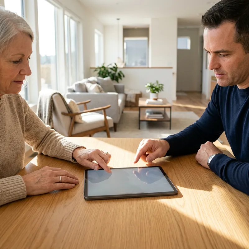 Couple reviewing tablet together in model home space