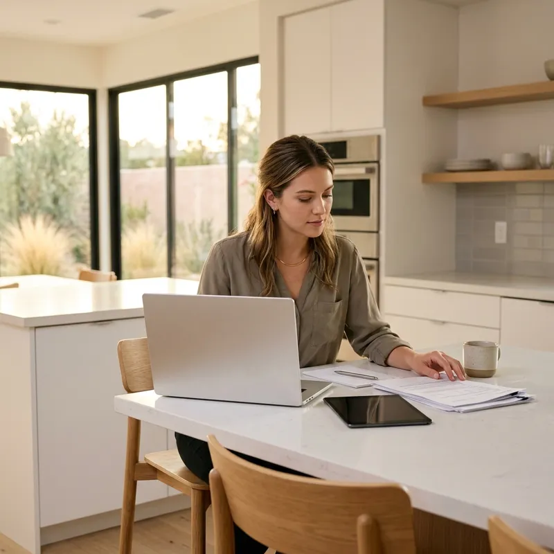 Woman reviewing documents at new home kitchen island