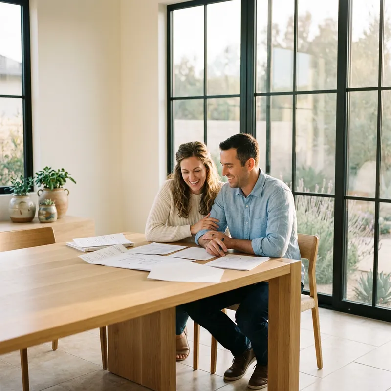 Couple reviewing closing documents together in new home
