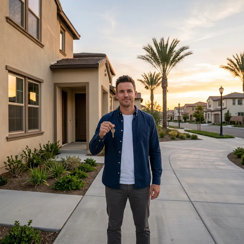 New homeowner holding key on doorstep of new build at sunset