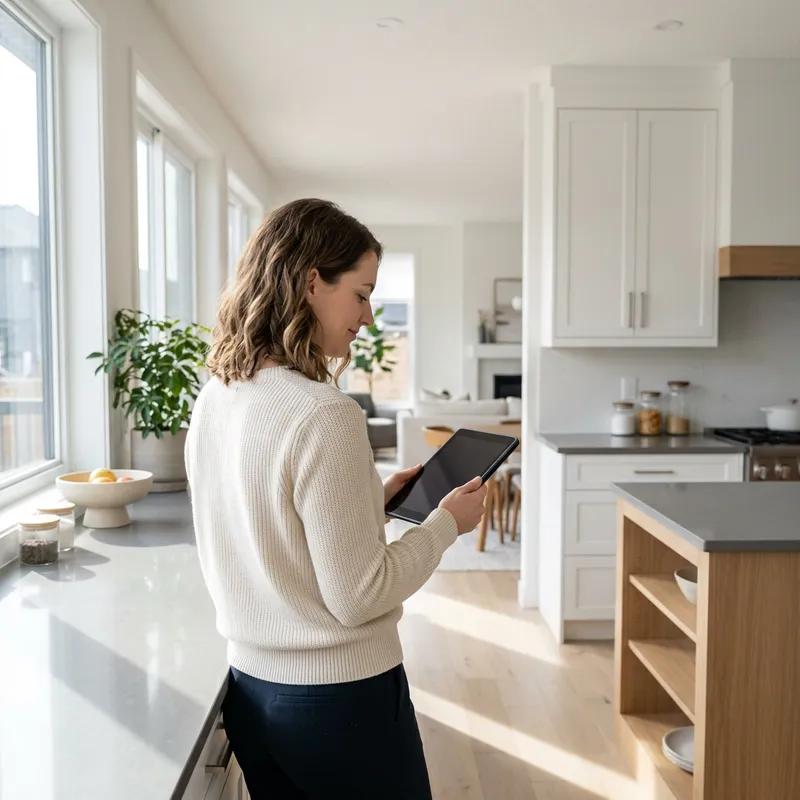 Young buyer reviewing floor plans alone in modern model home