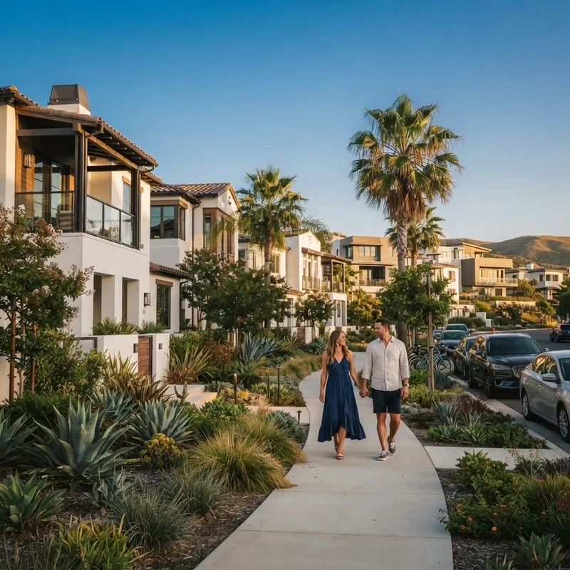 Couple walking through a sunny new construction community